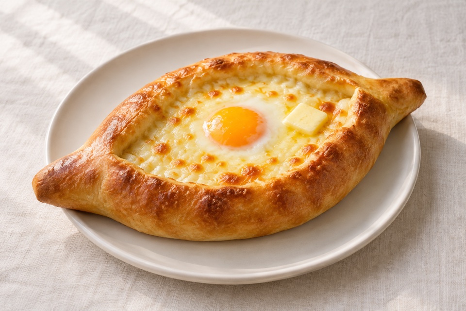 Adjarian cheese-and-egg khachapuri — finished dish