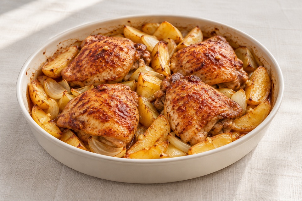 Oven-roasted chicken and potatoes — finished dish