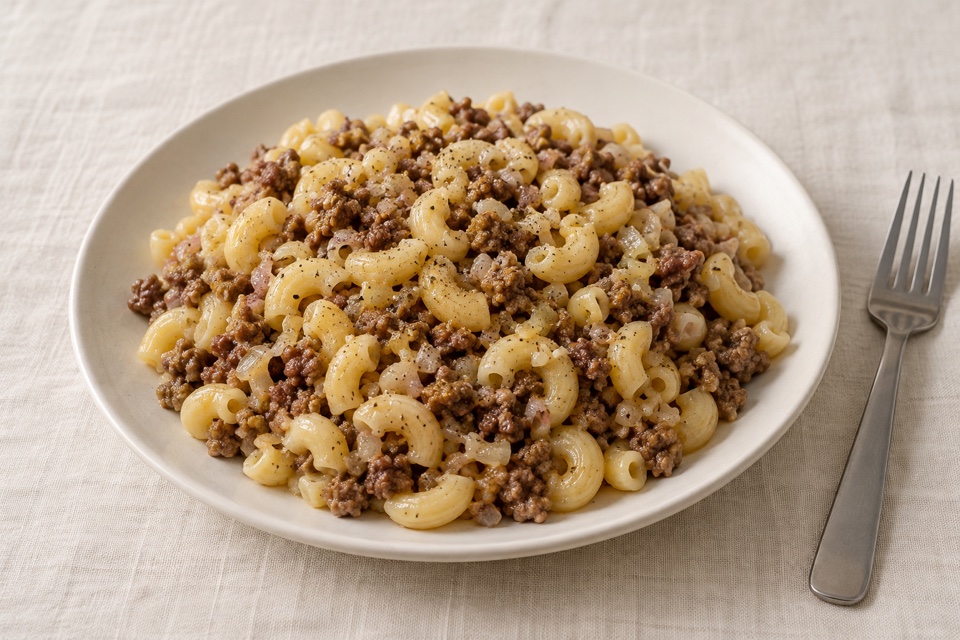 Russian-style pasta with minced meat — finished dish