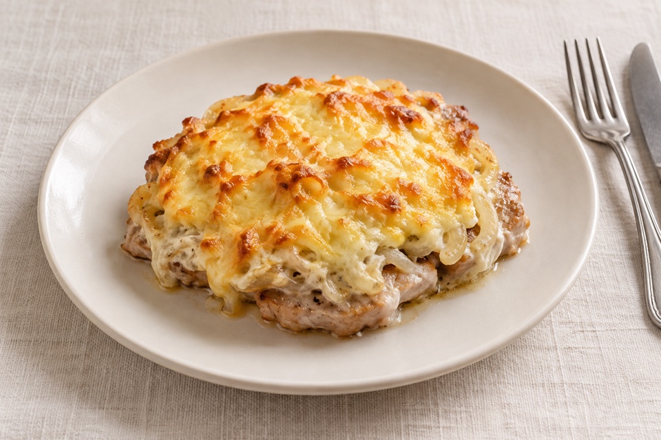 Cheesy baked meat, Russian style — finished dish