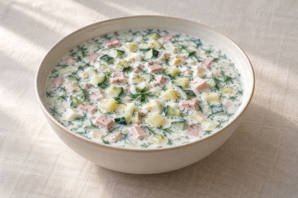 Cold kefir okroshka soup — finished dish