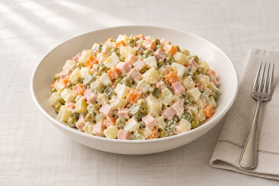 Olivier salad with cooked sausage — finished dish