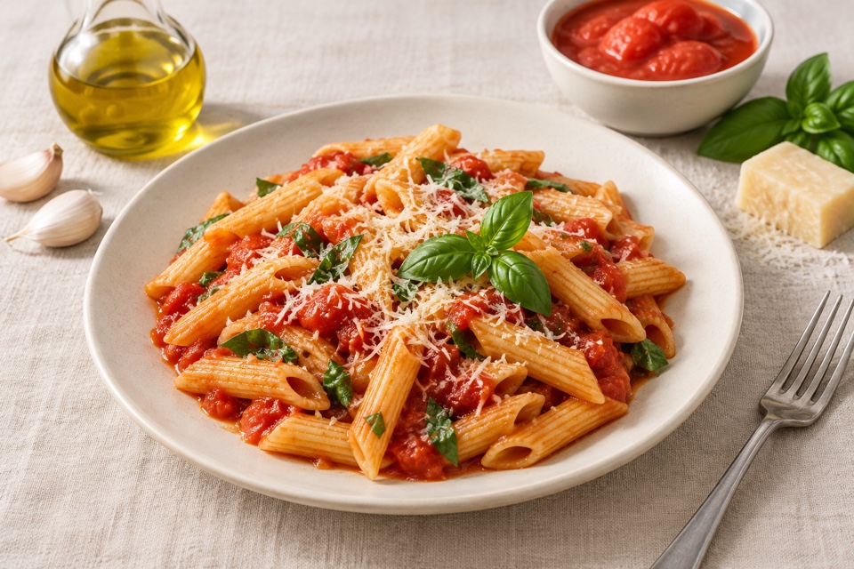 Tomato and basil pasta — finished dish