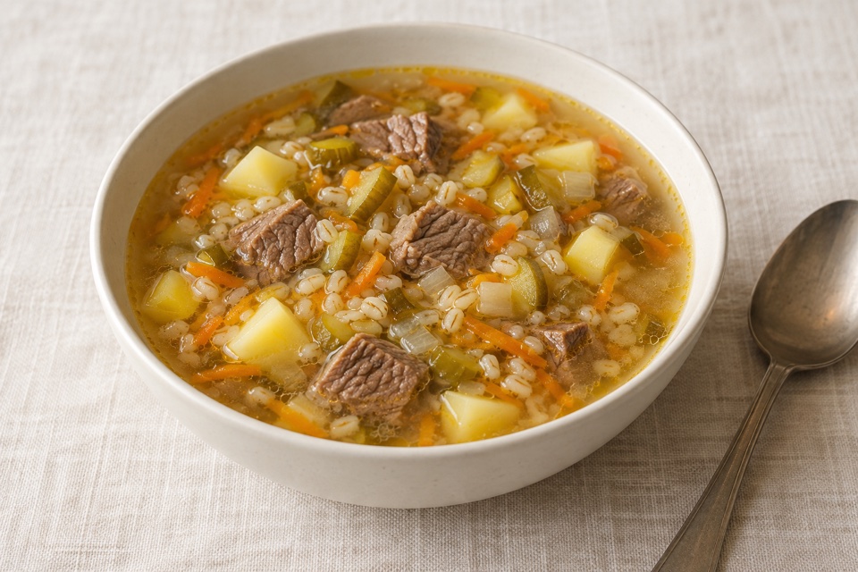 Barley and pickle rassolnik soup — finished dish