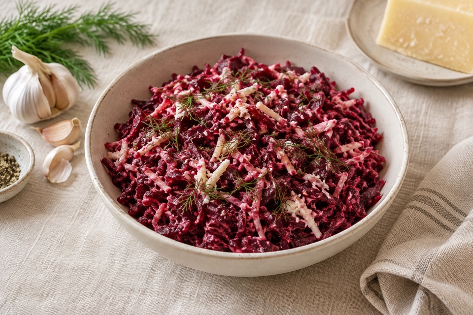 Свёкла с чесноком и сыром — иллюстрация готового блюда
