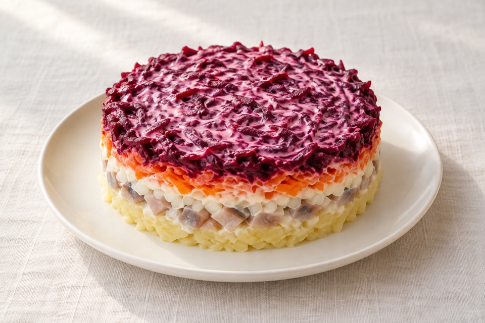 Layered herring and beet salad — finished dish