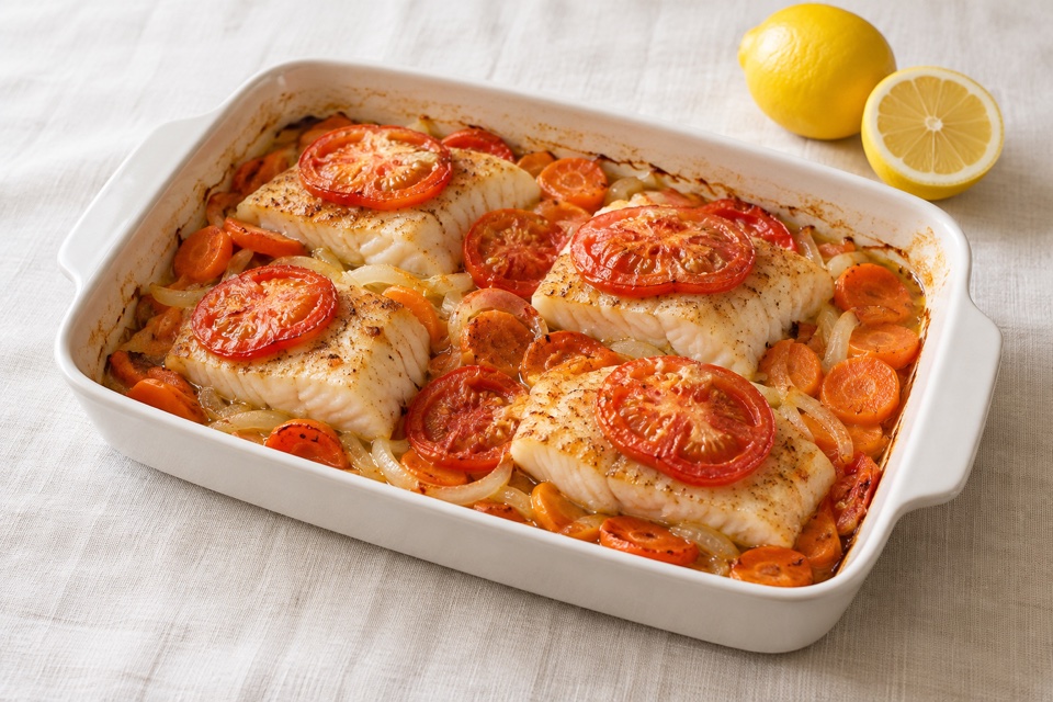 Baked cod with vegetables — finished dish